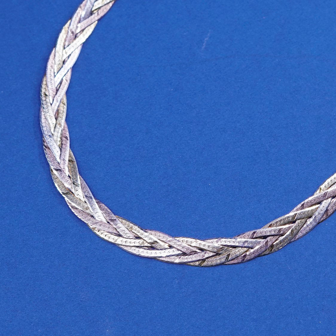 18" 8mm, vtg triple tone Sterling silver necklace, 925 woven herringbone chain