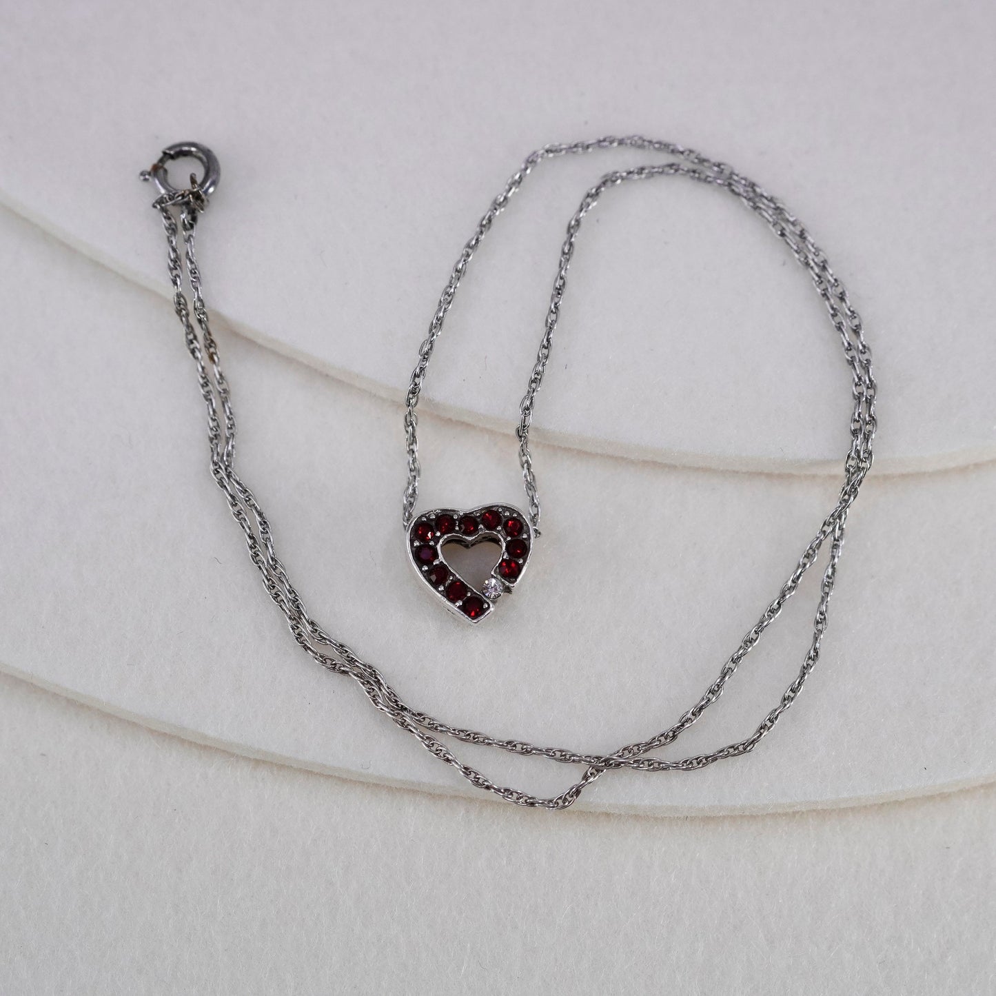 16”, Sterling 925 silver Singapore rope necklace with ruby cz heart pendant