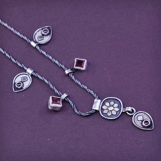 16”, Sterling 925 Silver necklace, wheat chain w/ flower N ruby pendants