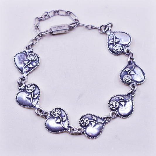7.5”, Vintage sterling silver handmade bracelet, 925 heart chain with flower