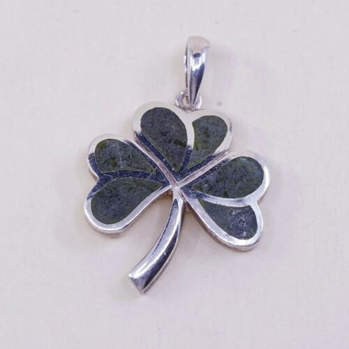 Vintage Solvar Sterling silver pendant, 925 Clover W/ Green Gemsyone Inlay