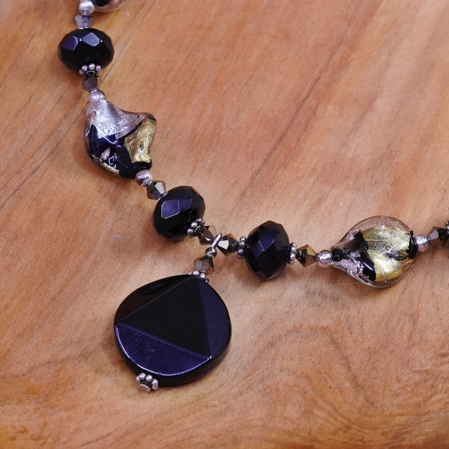 16+2”, sterling 925 silver chain necklace with obsidian beads and pendant