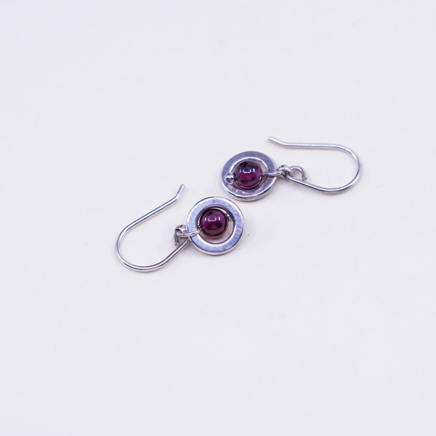 Vintage Sterling silver handmade earrings, 925 circle with garnet beads