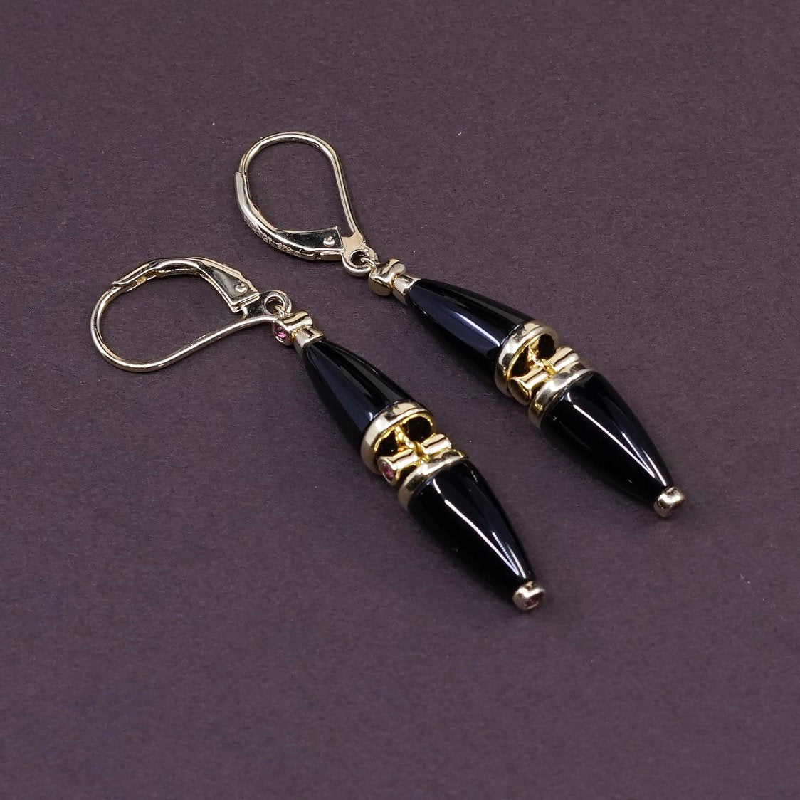 vtg vermeil, gold over Sterling silver handmade earrings, 925 w/ obsidian dangle