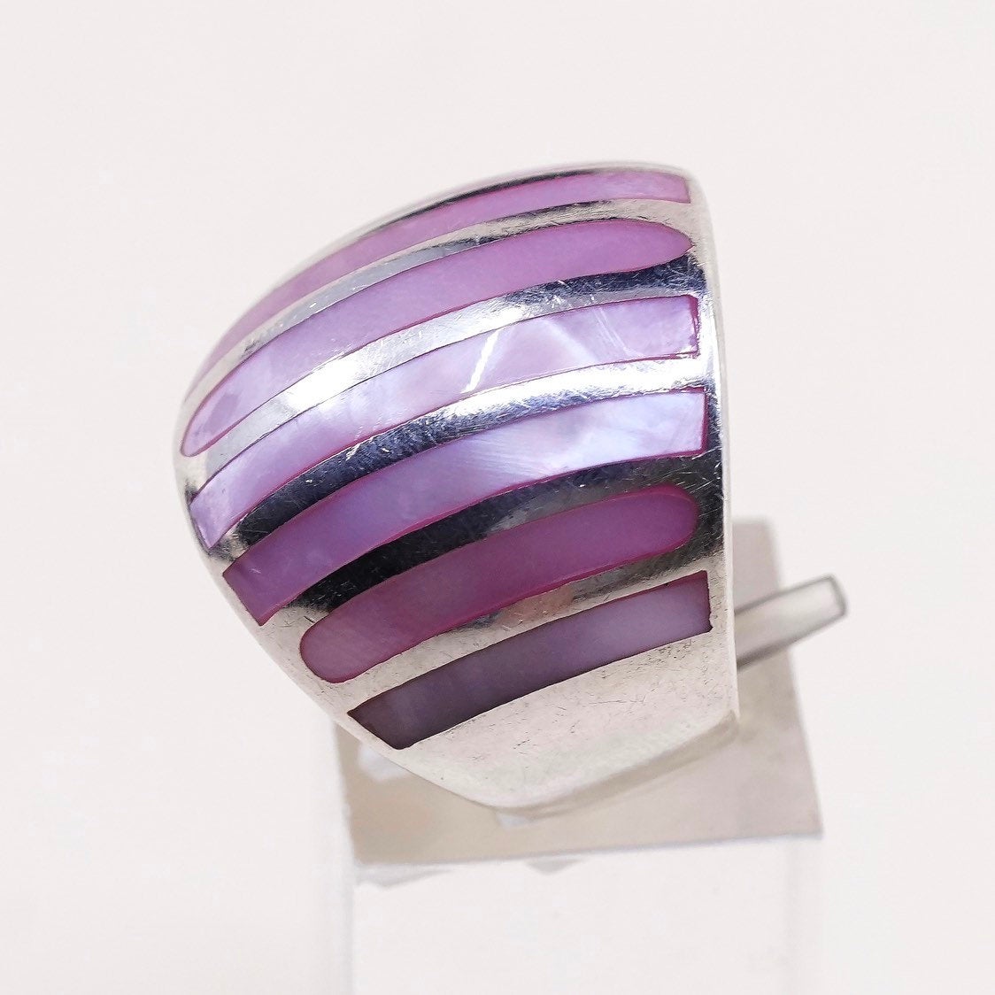 sz 7.5, sterling 925 silver handmade ring band w/ pink mother of pearl stripes