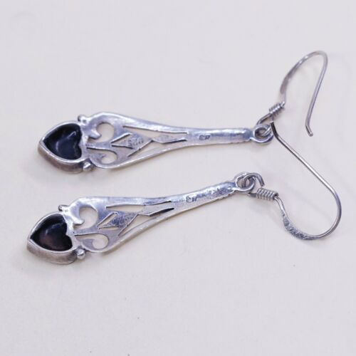 Vtg Sterling Silver Handmade Earrings, 925 Silver W/ Obsidian Heart N Filigree