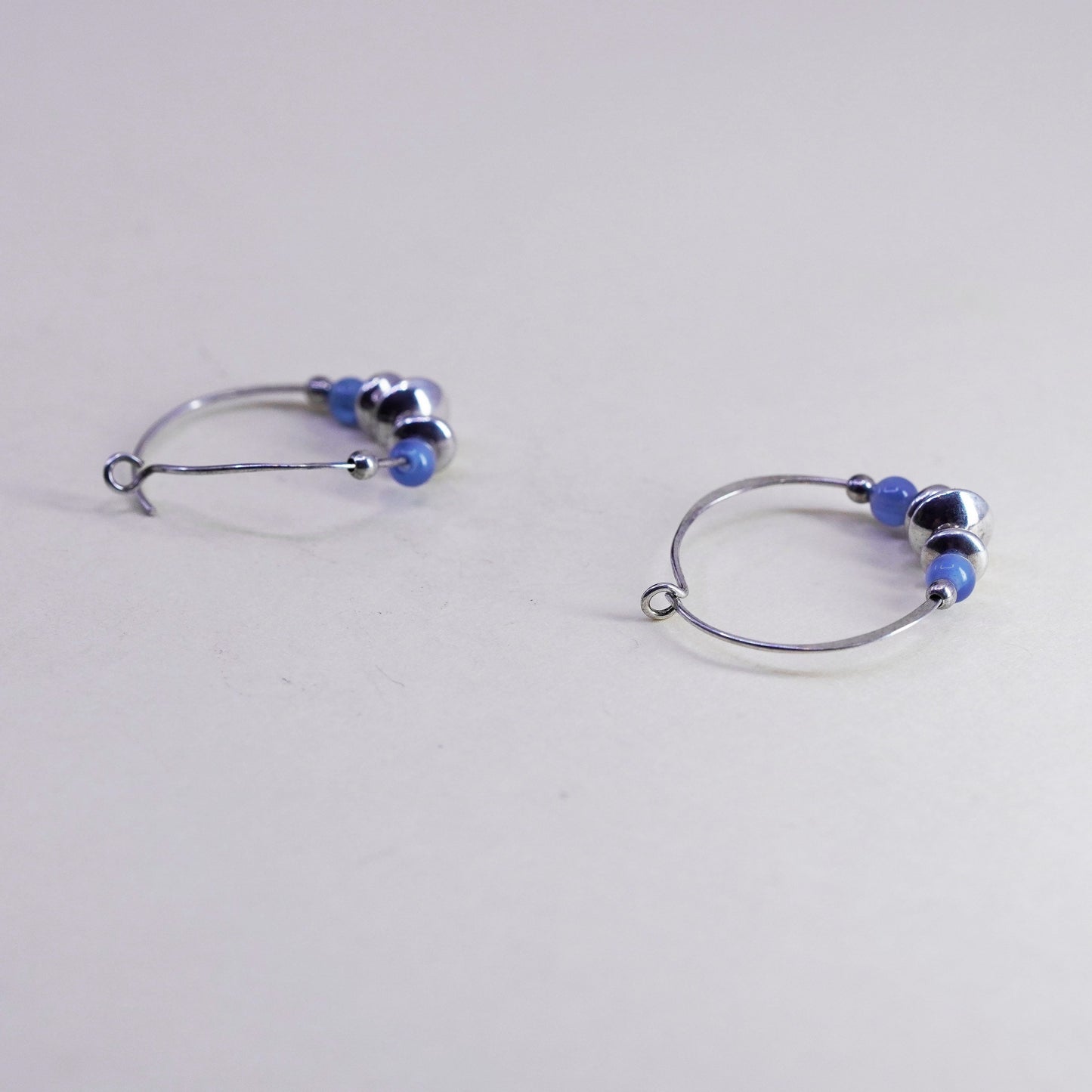 0.75”, sterling 925 silver loop earrings, primitive hoops blue cats eye beads