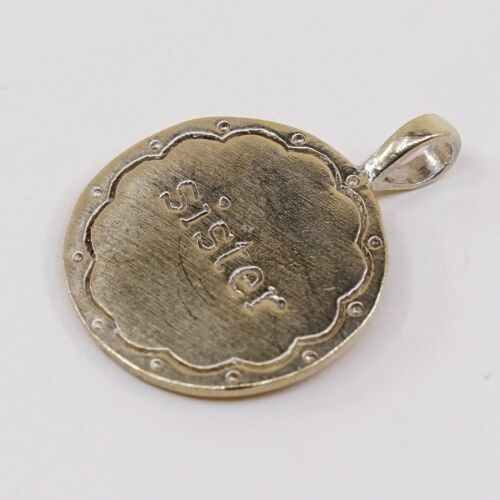 Vermeil Gold sterling silver handmade pendant, 925 Tag charm Embossed Sister