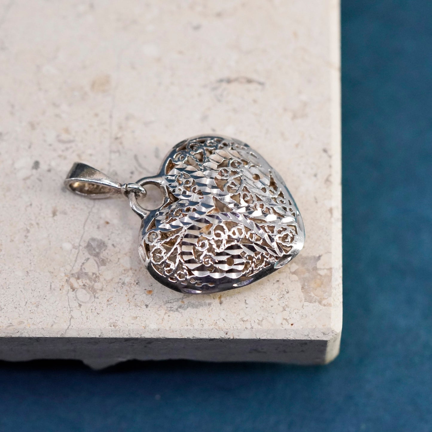 Vintage Sterling silver handmade pendant, 925 puffy filigree heart