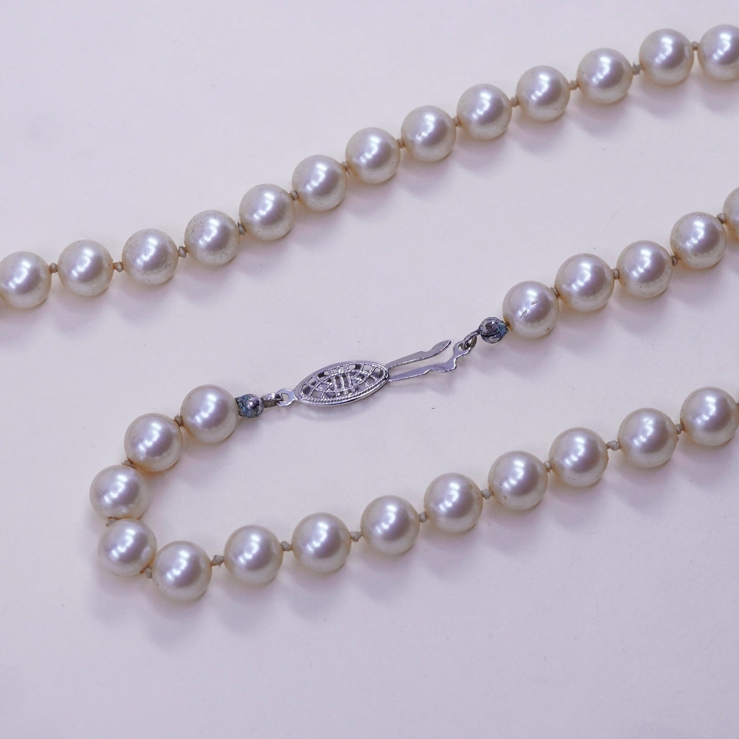 28”, Vintage faux pearl beads necklace chain with sterling 925 silver clasp