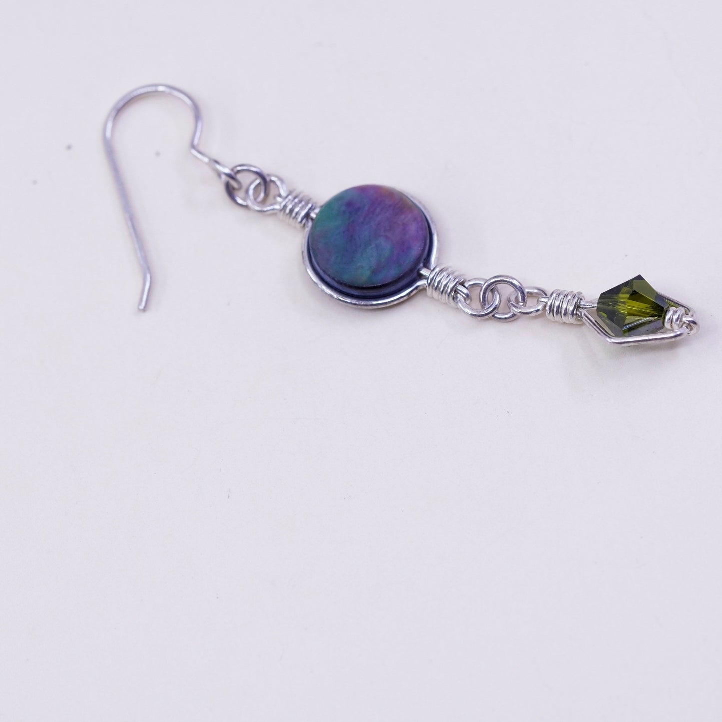 Vintage sterling silver handmade earrings, 925 hooks with circle abalone and peridot, silver tested