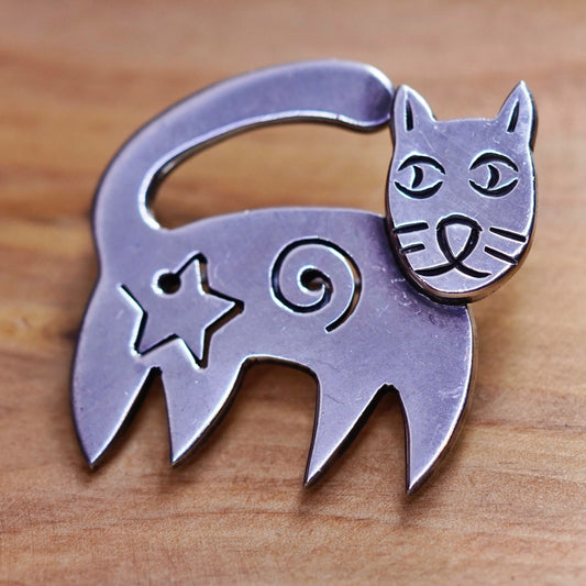 Vintage handmade sterling 925 silver handmade kitty cat brooch w/ star universe