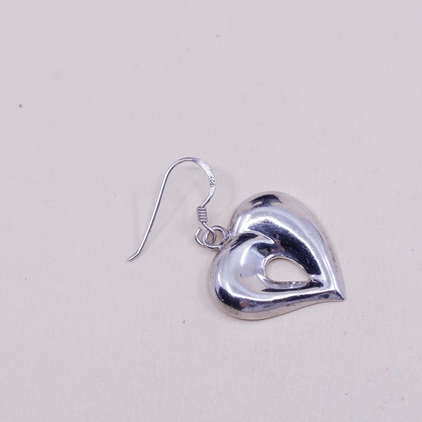 vtg sterling silver heart shaped drop earrings, puffy lightweight 925 heart
