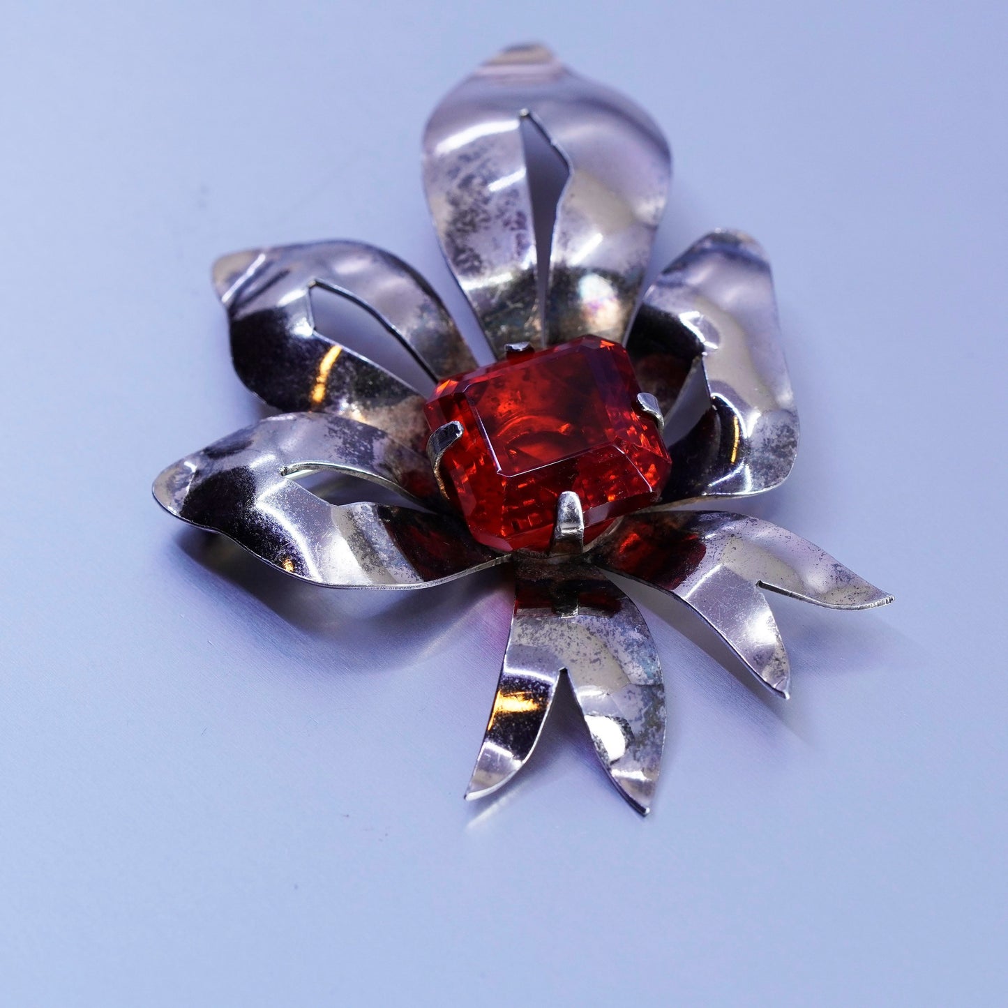 Vintage gold over sterling silver handmade brooch 925 flower pin red rhinestone