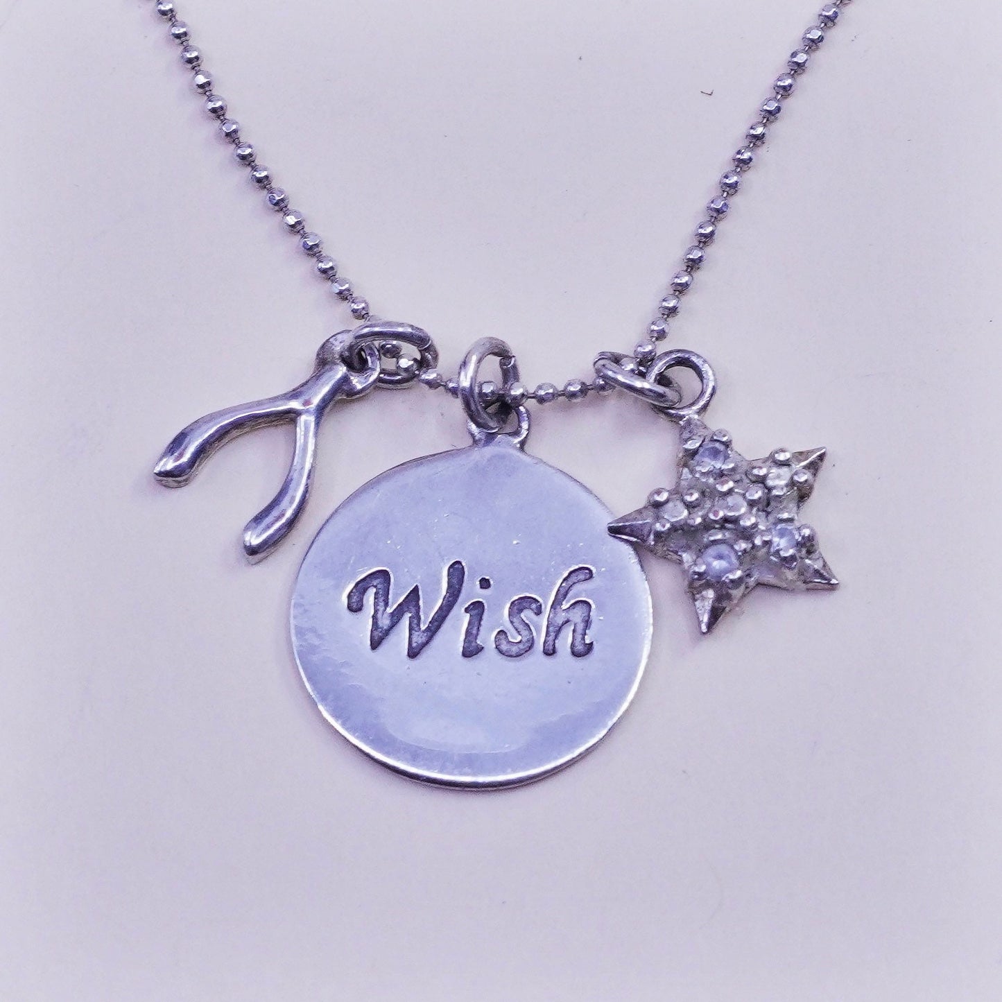 16+3”, sterling 925 silver bead chain necklace wish tag, wish bone star charms