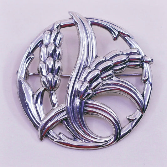 Vintage sterling silver handmade brooch, 925 wheat circle, Christmas pin