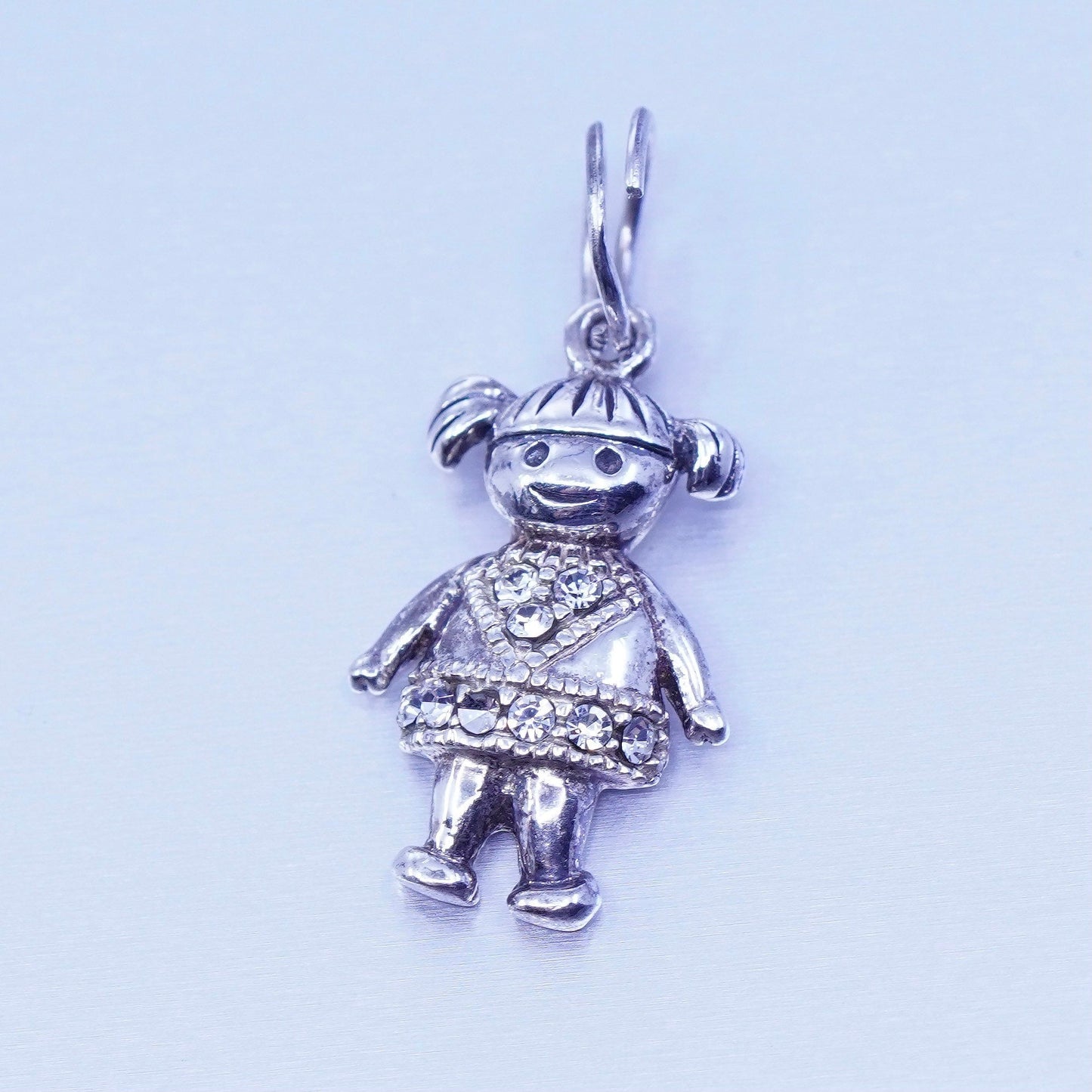 antique sterling 925 silver handmade girl tag pendant charm with Cz