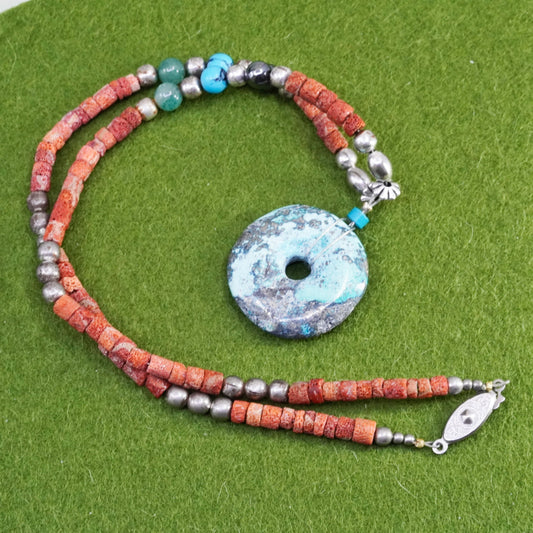 18”, native American Sterling 925 silver necklace, Red Coral heishi turquoise