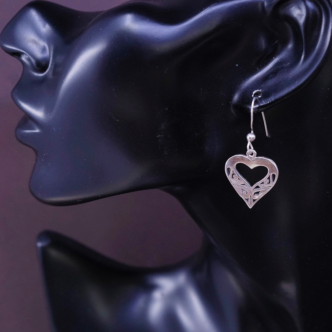vtg Sterling silver handmade earrings, 925 filigree heart drops