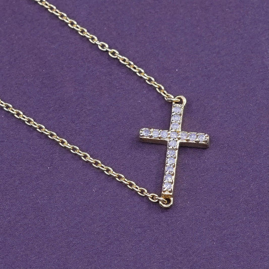 16”, vermeil gold Sterling silver necklace, 925 chain w/ diamond cross pendant