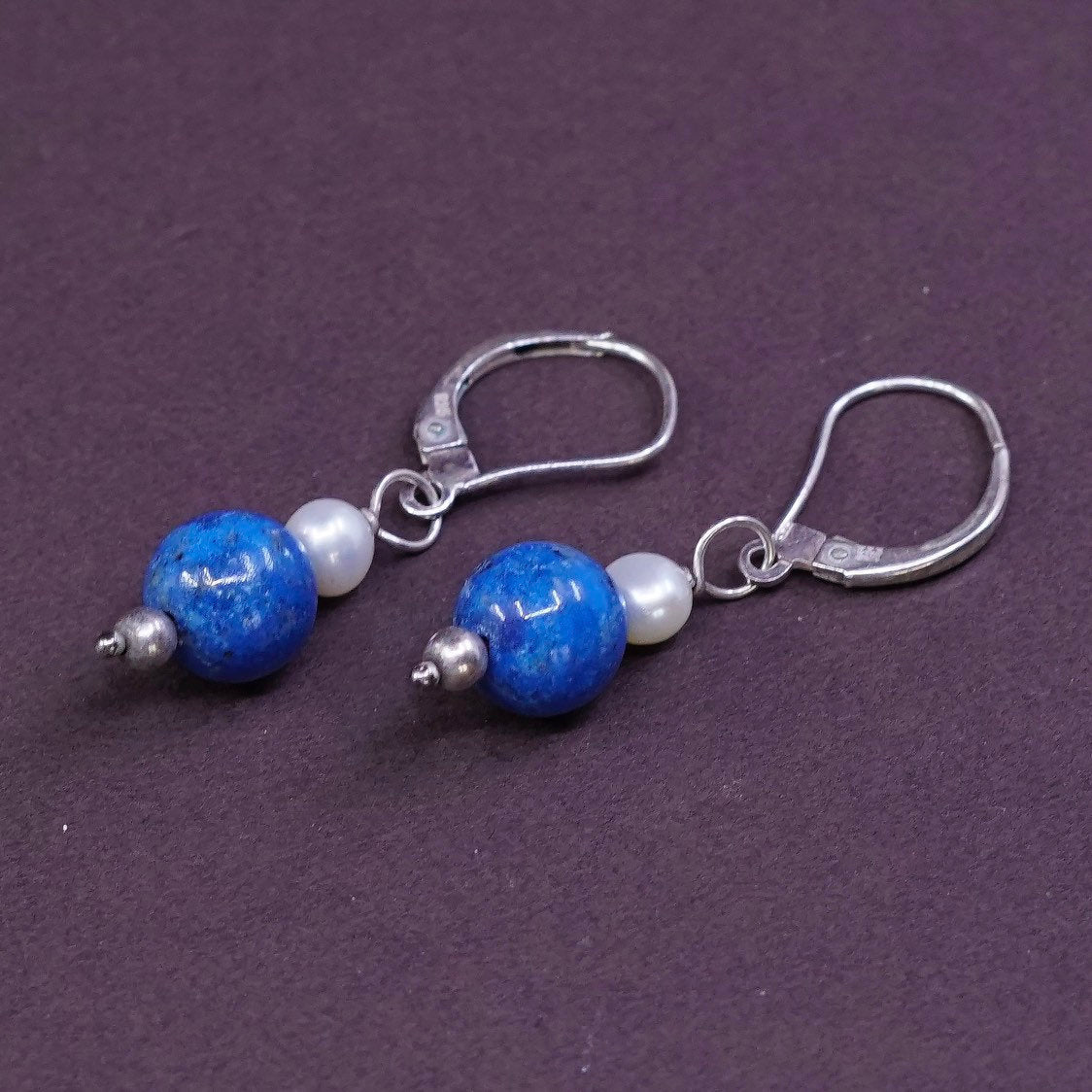 VTG Sterling silver handmade earrings, 925 w/ Sodalite and pearl beads dangle