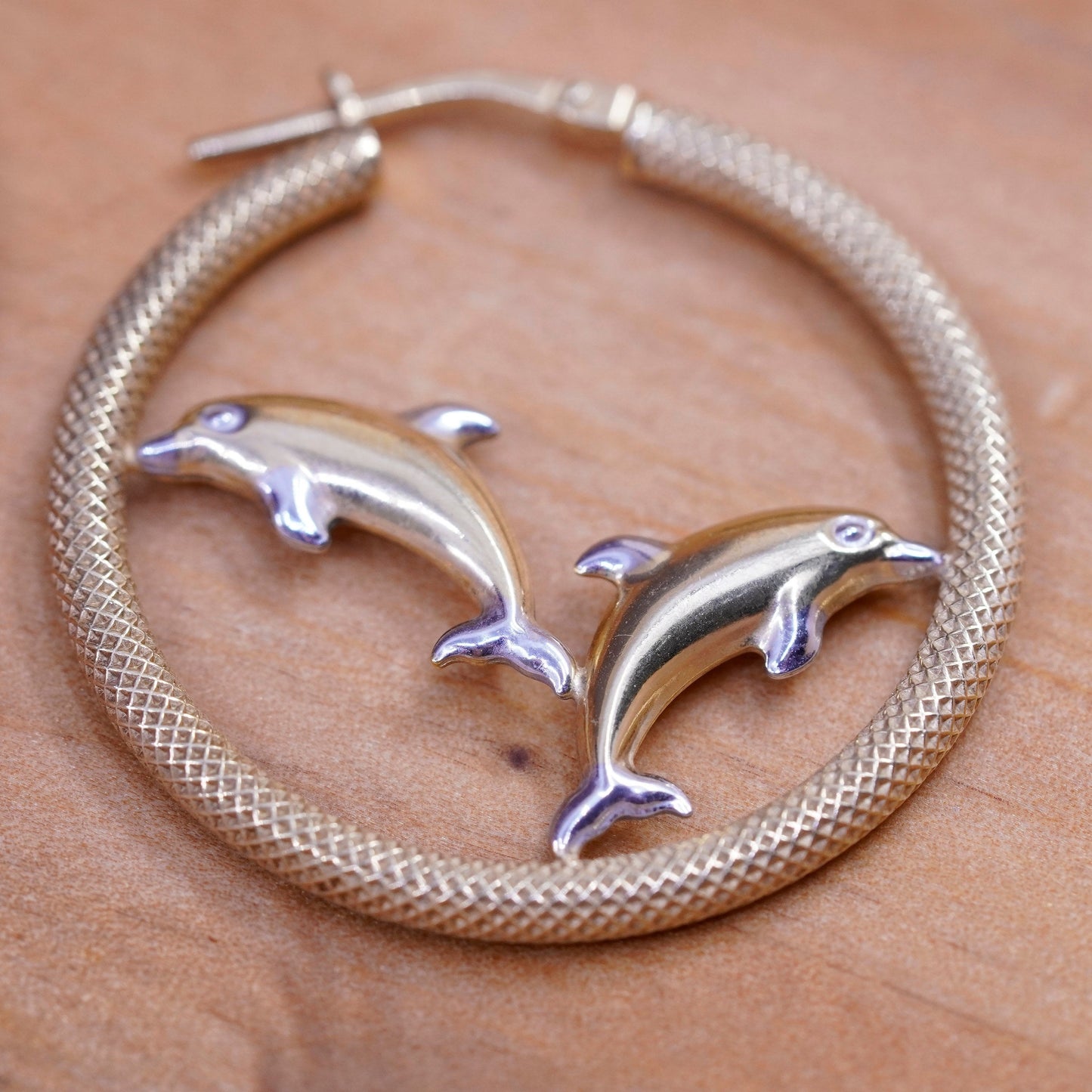 1.25”, Vintage Jordan vermeil gold Sterling silver earrings, 925 hoops dolphins