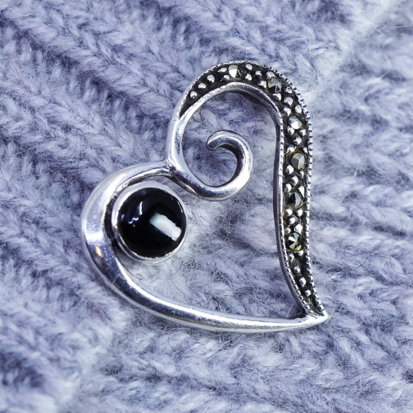 Antique Sterling silver handmade charm, 925 heart pendant with Marcasite onyx