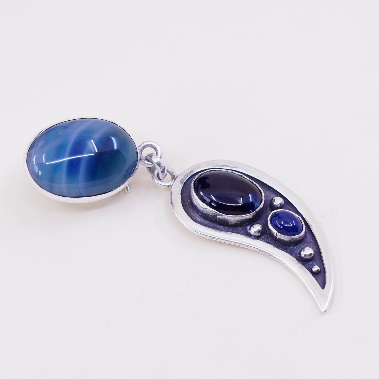 Vintage Sterling 925 silver handmade earrings with blue agate N obsidian lapis