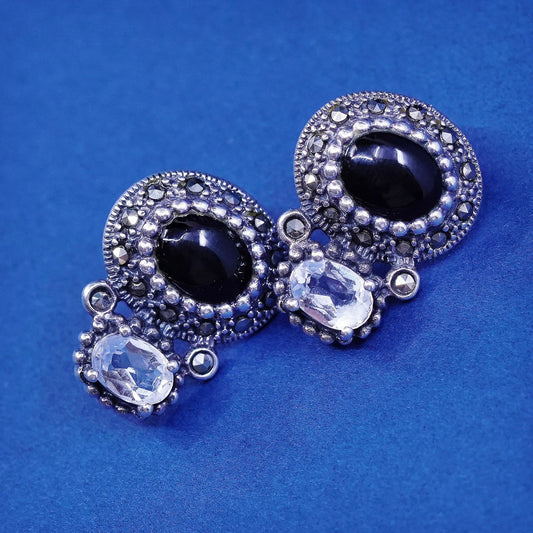 vtg sterling silver handmade earrings, 925 studs w/ obsidian, Cz N marcasite