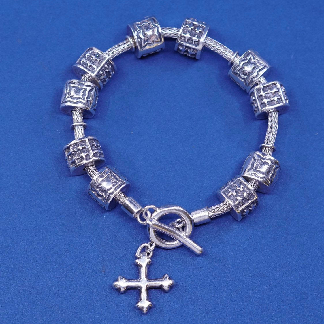 6.25, 4mm Sterling silver handmade bracelet 925 wheat chain w/ 10 charm N cross