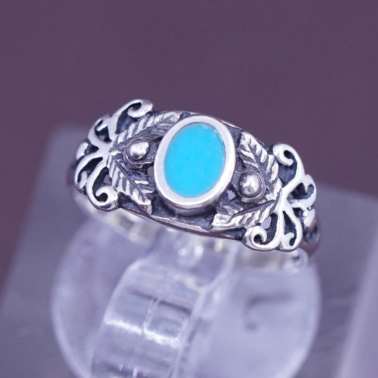 Size 1.5, vtg Sterling 925 silver handmade ring w/ turquoise N filigree flower