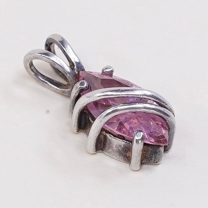 VTG sterling silver pendant, 925 silver charm with pink crystal