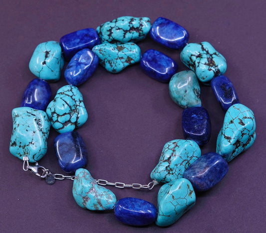 20+2”, Sterling 925 silver handmade necklace w/ nugget turquoise sodalite beads