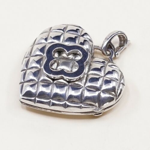 Vtg Heidi Klum 925 Sterling Silver Clover Quilted Heart Locket Pendant