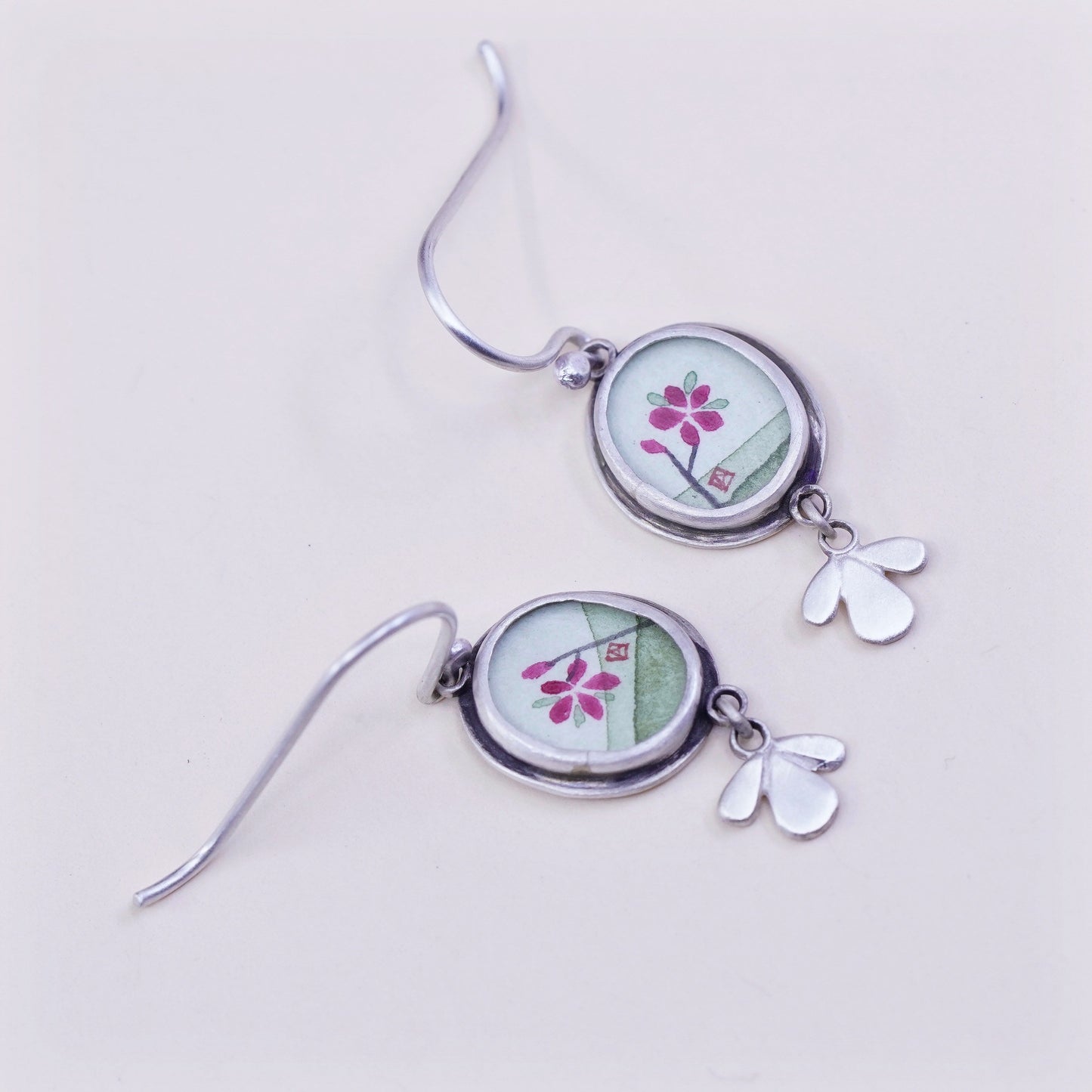 Designer Ananda KHALSA Sterling 925 silver handmade earrings, watercolor pink plum blossom flower , stamped 925 A