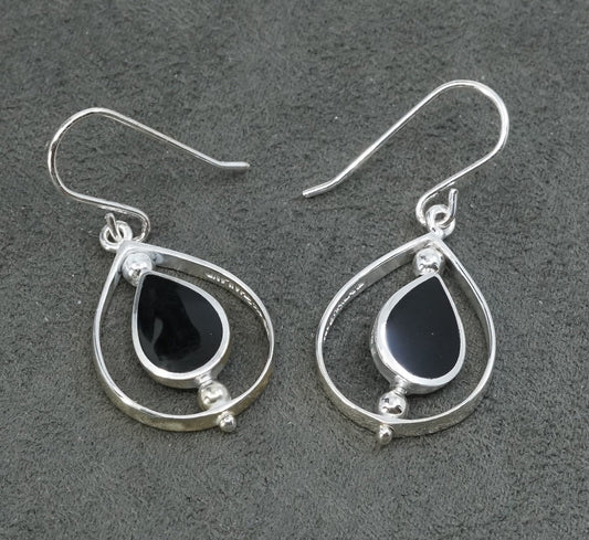 vtg Sterling silver handmade earrings, 925 w/ teardrop obsidian