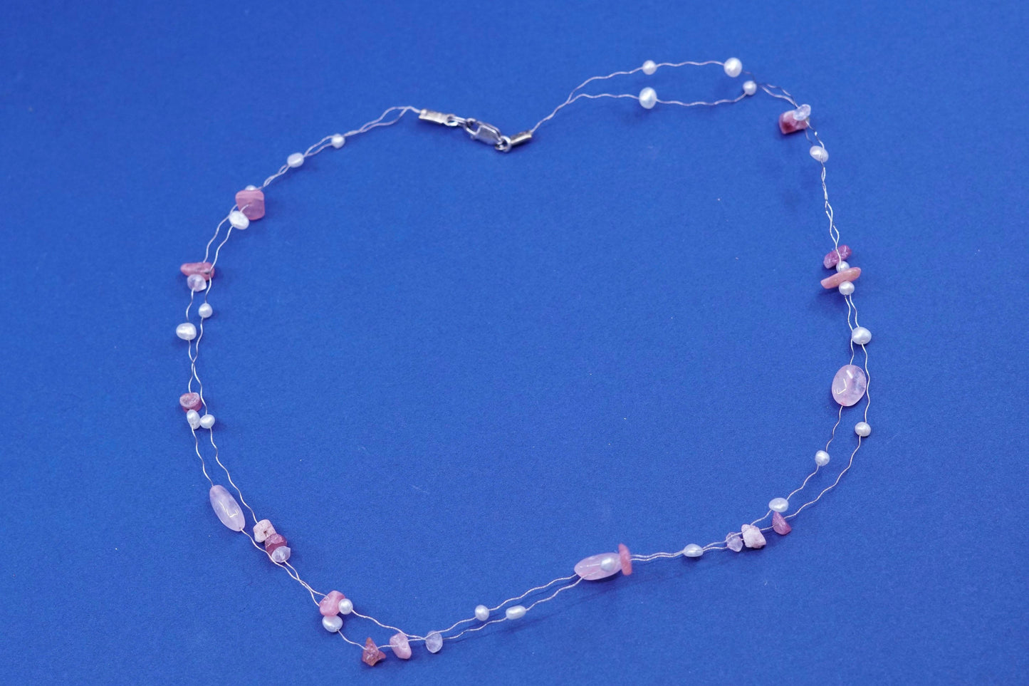 18”, sterling 925 silver handmade necklace with pearl quartz and crystal beads