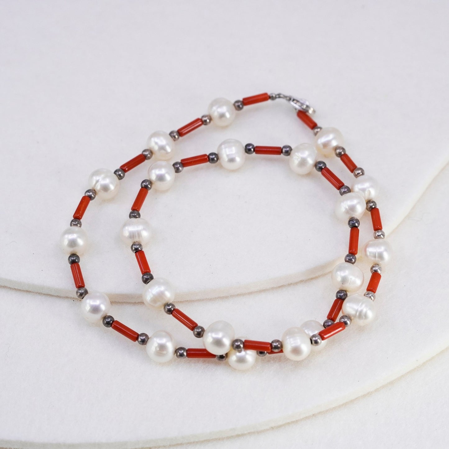 16”, vtg southwestern Sterling 925 silver handmade necklace pearl coral tubes