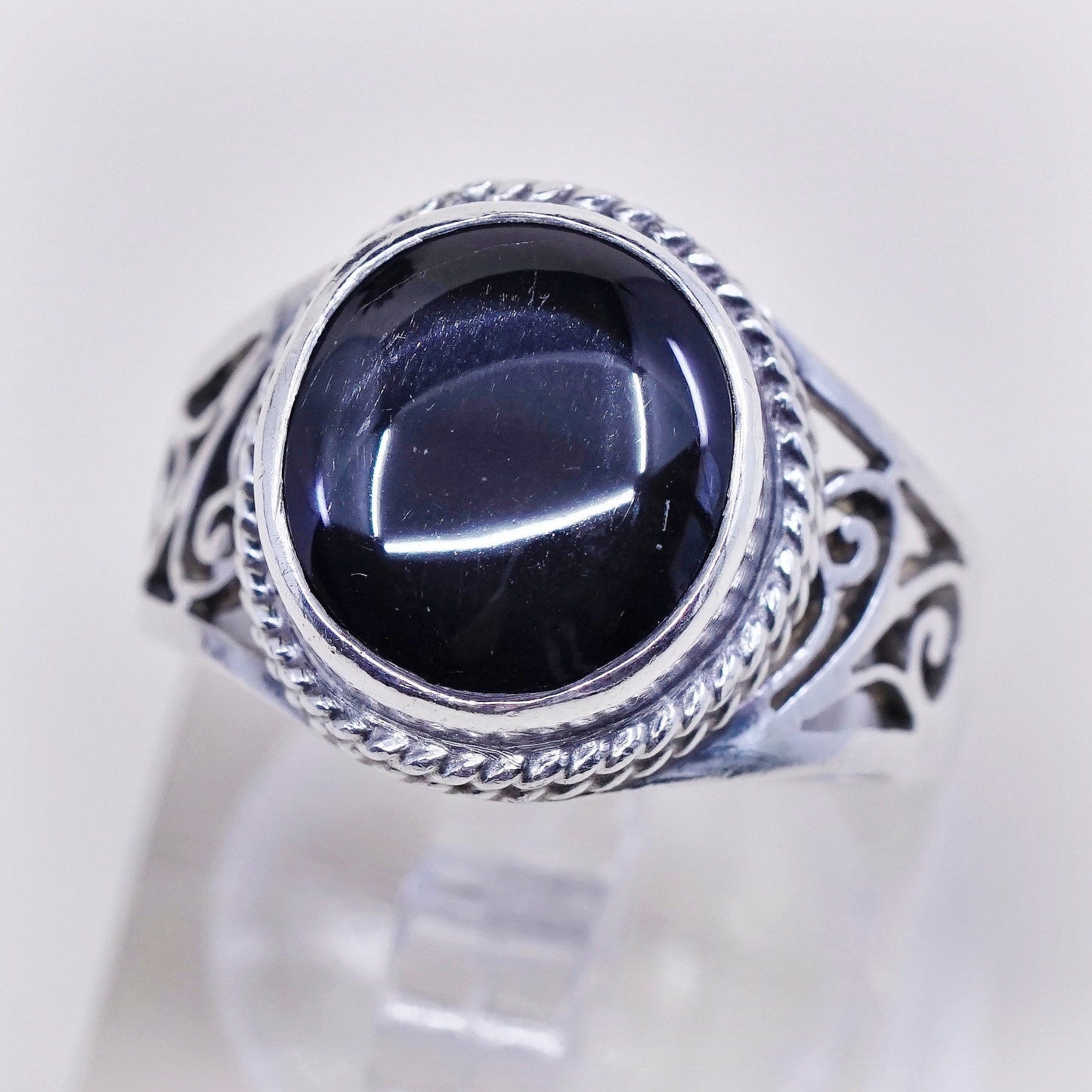 sz 7, vtg sterling silver ring, handmade filigree 925 ring w/ black tiger eye