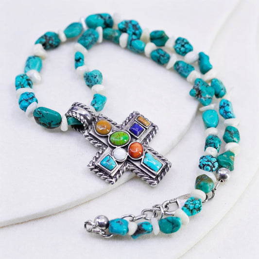 16+2”, VTG Sterling 925 silver necklace spiderwebbed turquoise cross pendant