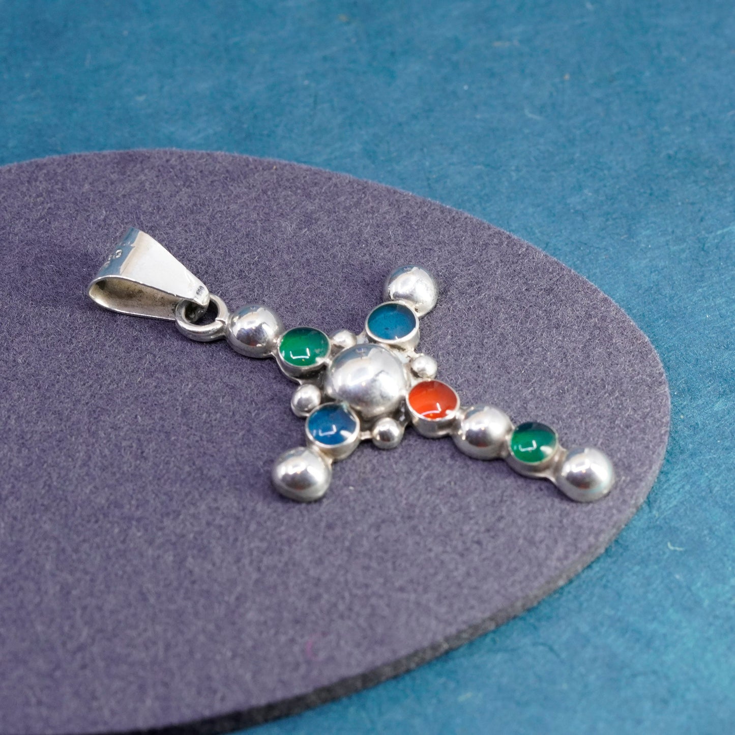 Vintage Sterling silver handmade pendant, 925 beads cross with ruby emerald