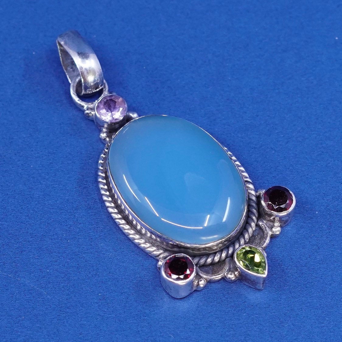 vtg Sterling 925 silver handmade pendant, prehnite peridot amethyst N Ruby