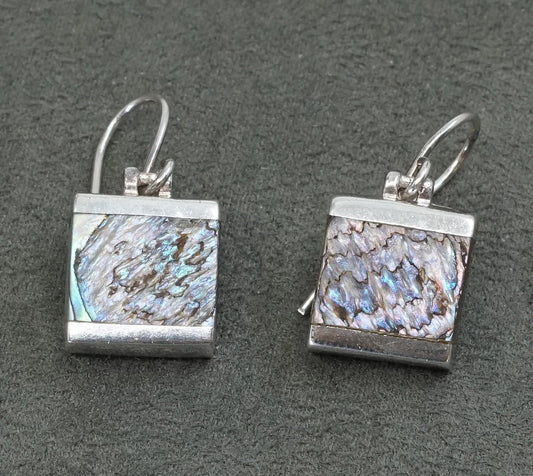 vtg Sterling silver handmade earrings, 925 w/ square abalone