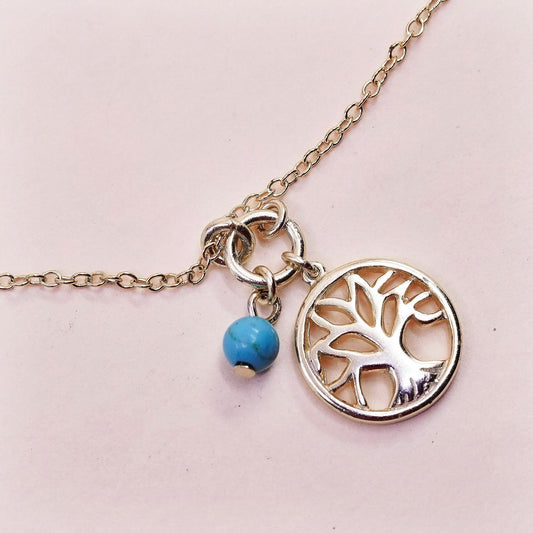 18”, vermeil gold filled sterling silver necklace circle tree turquoise pendant