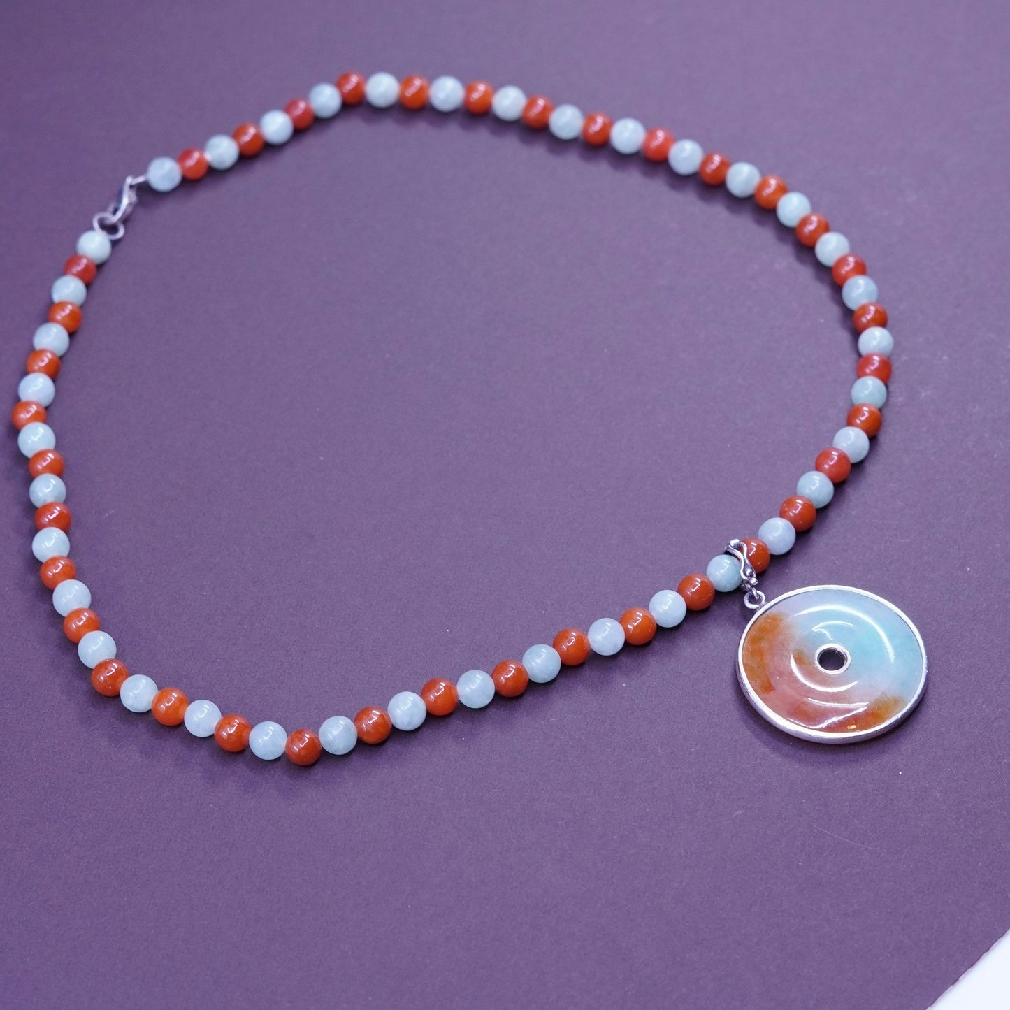 18”, jade carnelian beads necklace with Sterling 925 silver chain coin pendant
