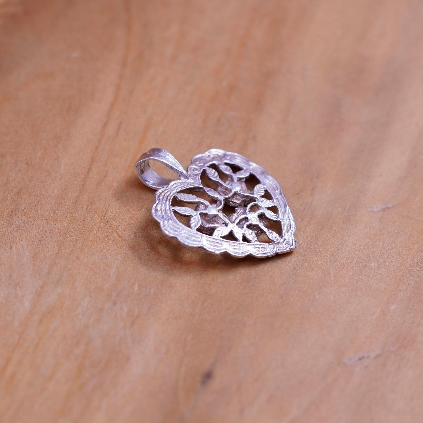 Vintage Sterling silver handmade pendant, 925 filigree floral heart pendant