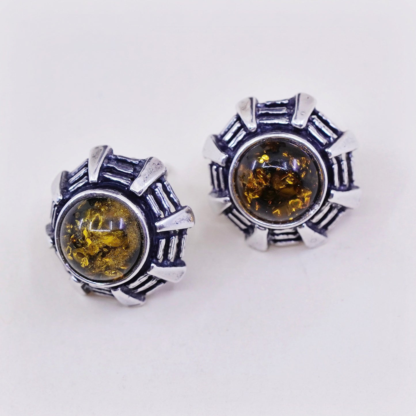 Sterling 925 silver handmade earrings with round Amber studs, southwestern