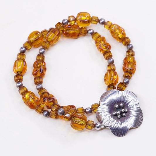 17”, vtg Handmade necklace, Sterling silver flower pendant honey amber nugget