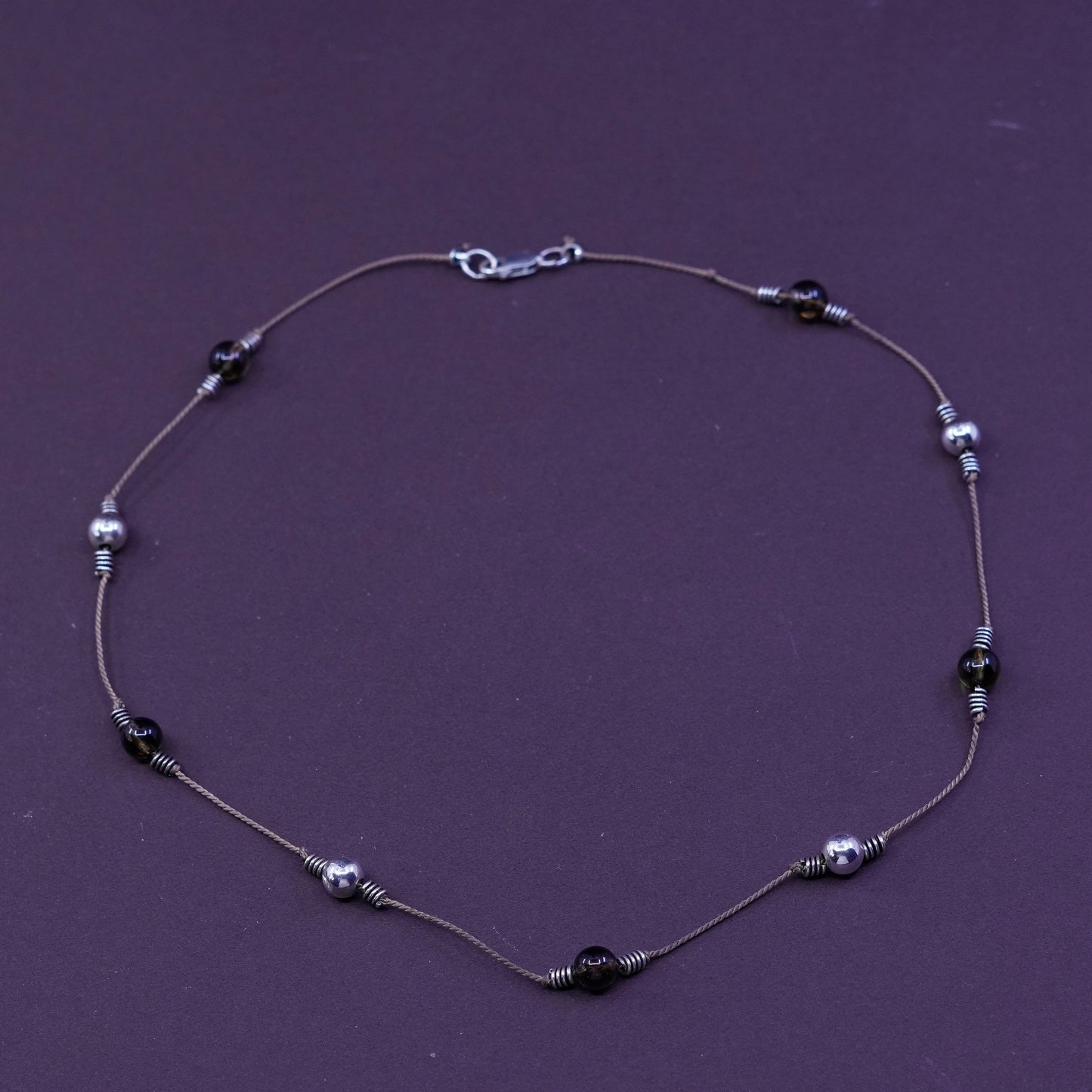 16”, Sterling silver necklace, 925 clasp with smoky topaz and linen thread