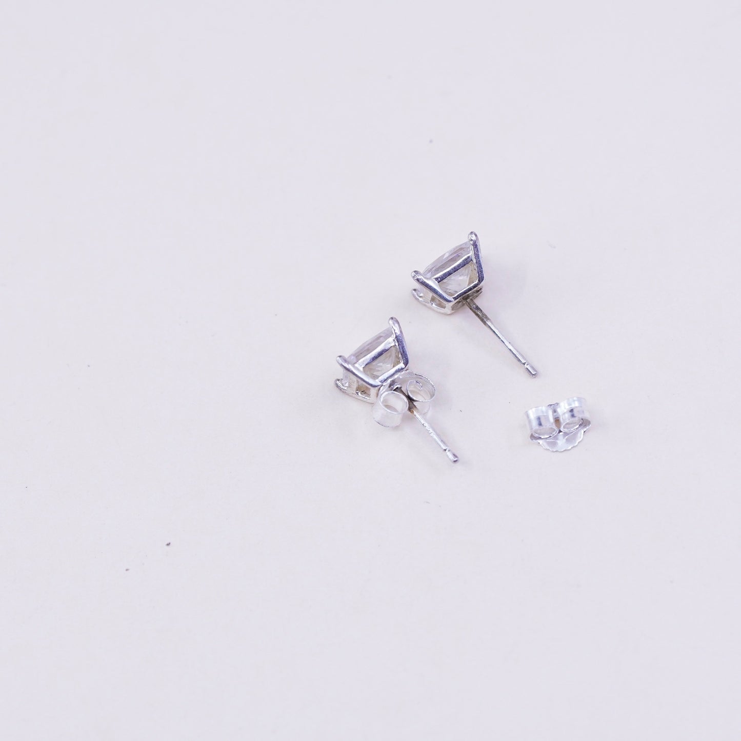 4mm Vintage sterling 925 silver square clear CZ studs, fashion minimalist earrings, stamped 925